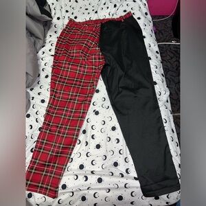 Red Plaid and Black Split Pants